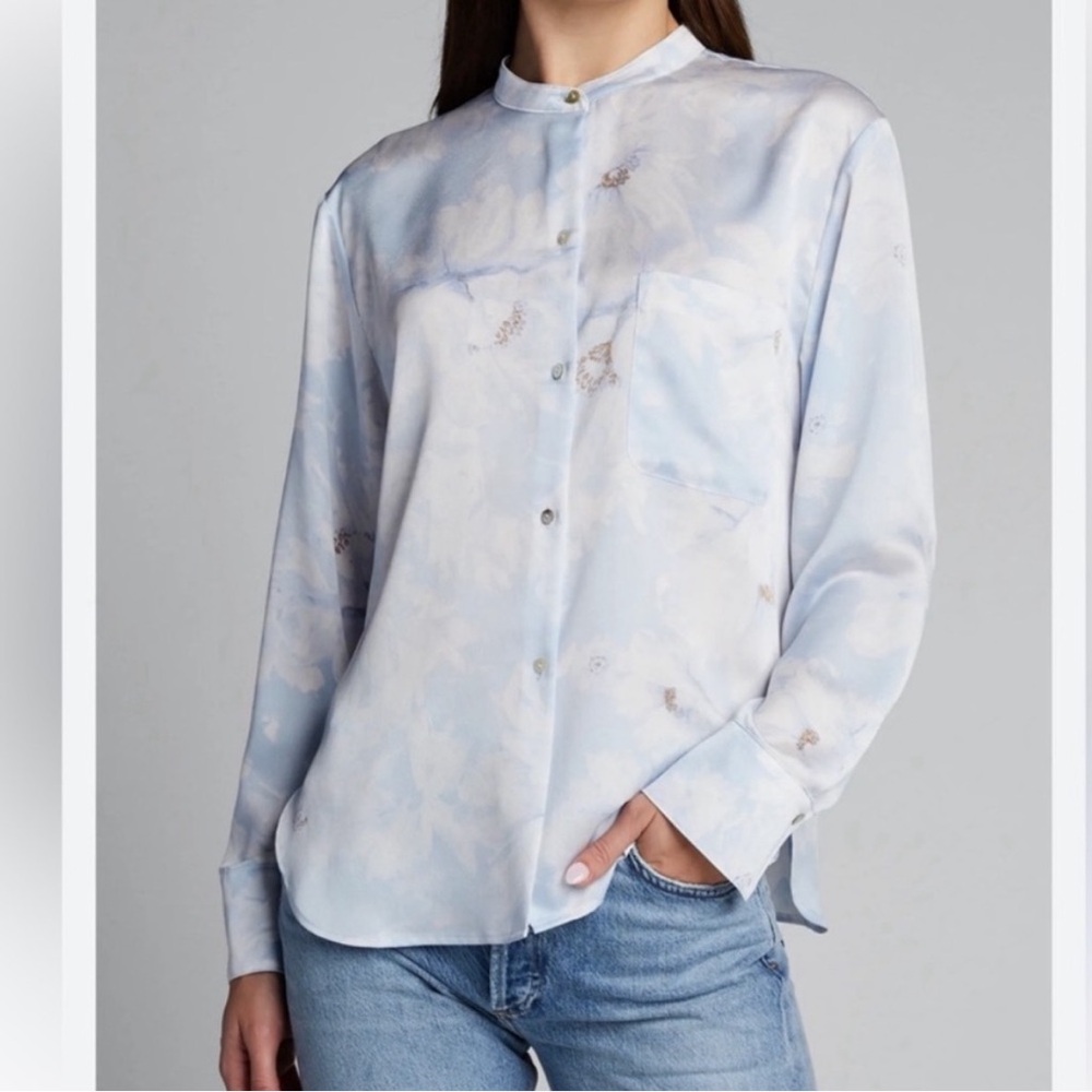 Vince Painted Magnolia Band Collar Blouse in Powder Blue